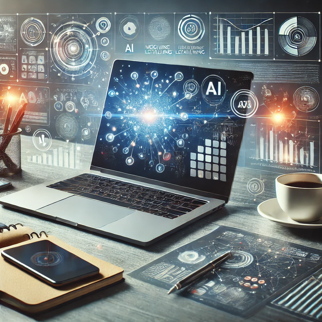 DALL·E 2025-01-20 10.55.37 - A realistic image of a modern marketing workspace with a laptop displaying AI-driven analytics and data visualizations, surrounded by tools like a sma