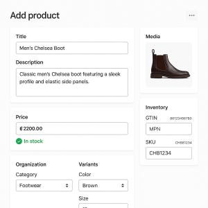 Форма додавання товару в Shopify із заповненими полями для взуття Chelsea Boot