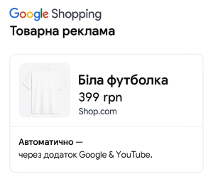 Приклад оголошення Google Shopping з товаром — біла футболка за 399 грн, створене автоматично