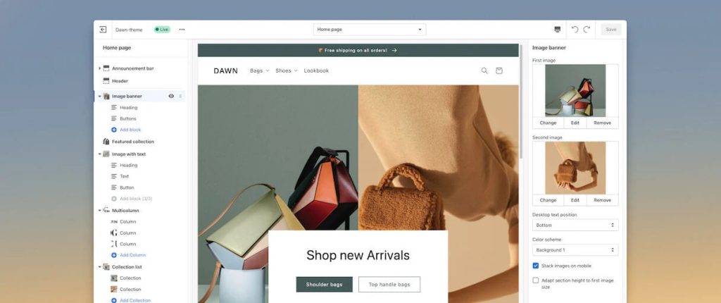 Редагування головної сторінки магазину в Shopify з темою Dawn і банером нових надходжень