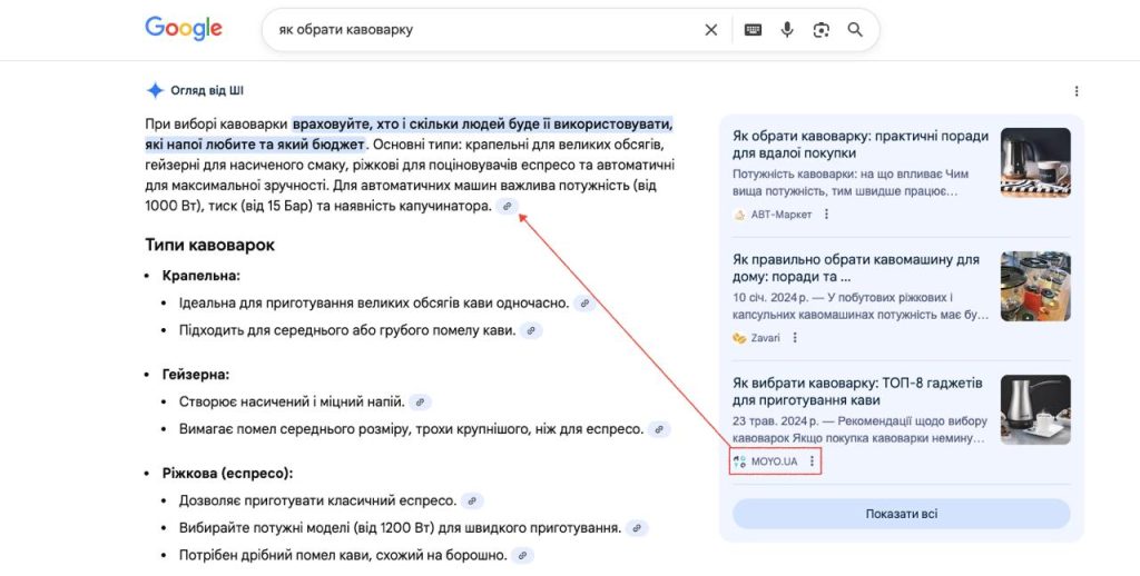 Фрагмент AI-зведення Google із прикладом цитування сторінки Moyo.ua у пошуковій видачі