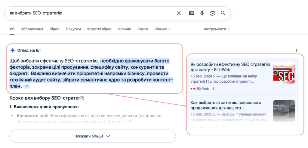Приклад AI-зведення Google, що цитує сайт Elit-Web при запиті “як вибрати SEO-стратегію”