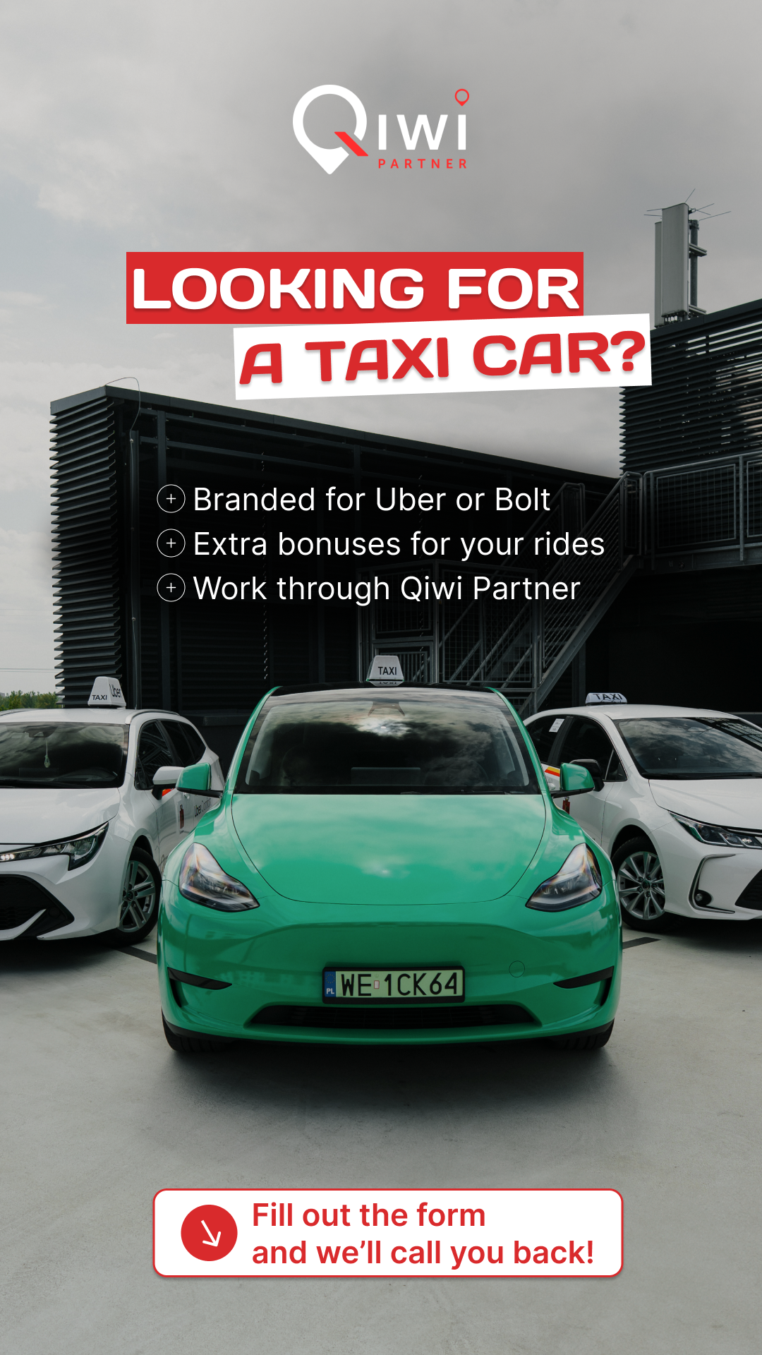 Пропозиція оренди брендованих авто під Uber або Bolt через Qiwi Partner.